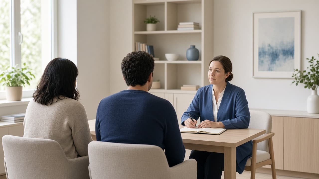A couple in consultation with a clinician, seen from behind