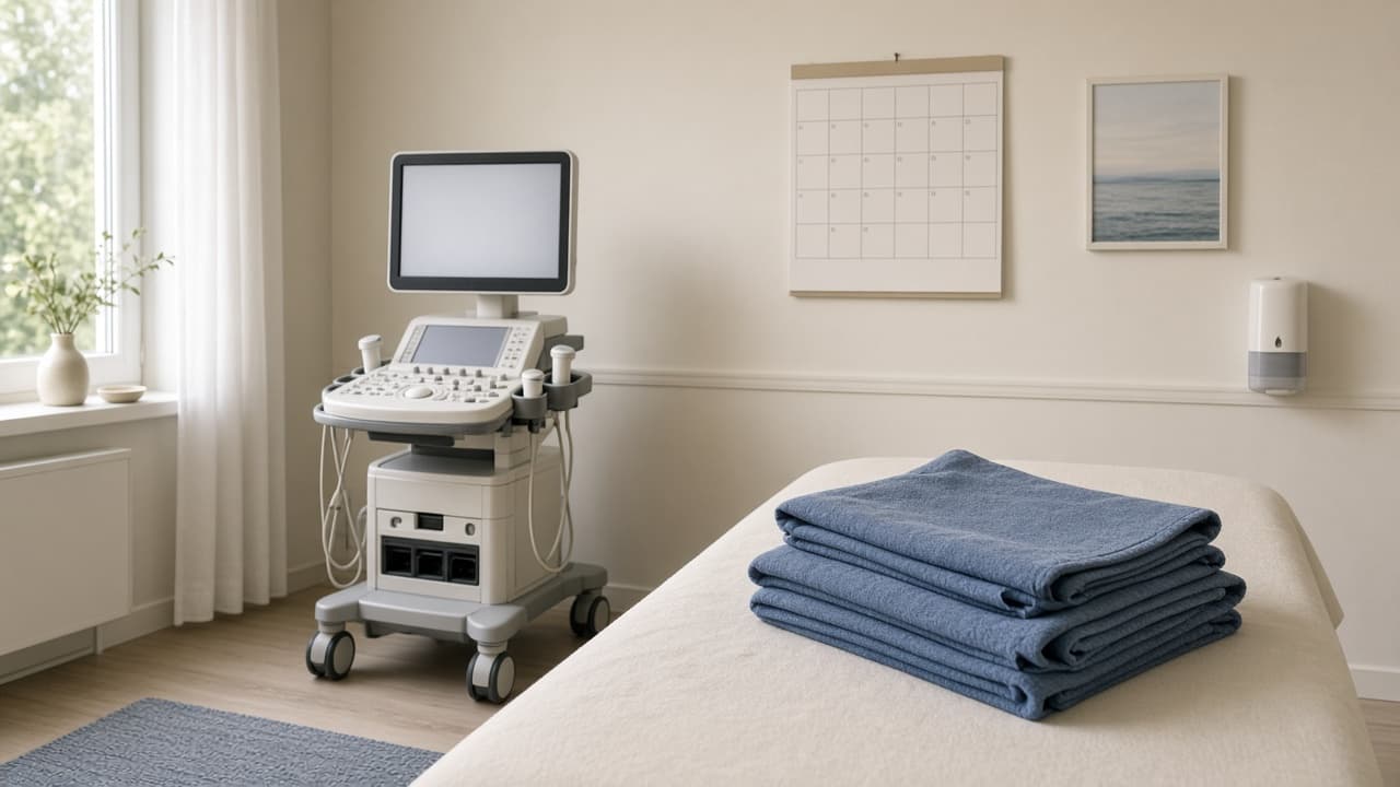 An ultrasound room with a calendar, prepared for a follicular study