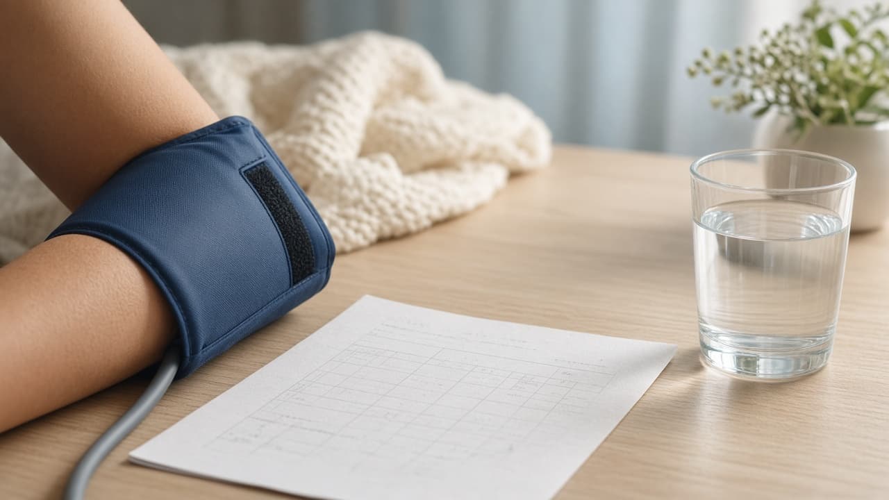 A blood pressure cuff and an antenatal chart on a clinic desk