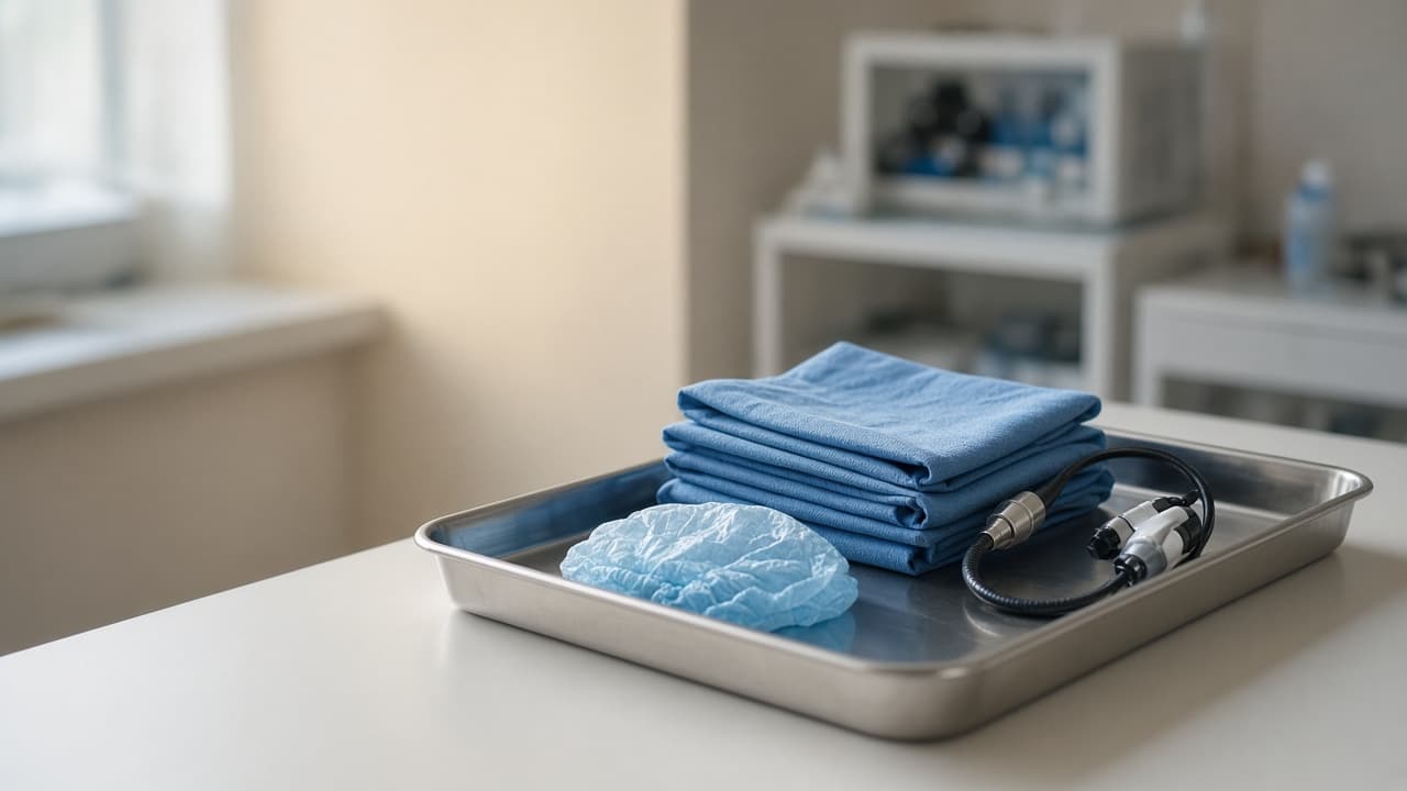 Folded surgical linen and a camera scope prepared for keyhole surgery planning