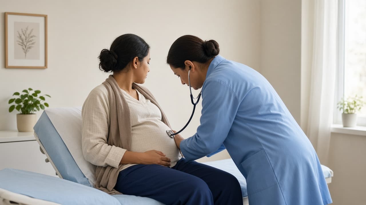 A clinician listens to a pregnant woman’s abdomen during an antenatal visit